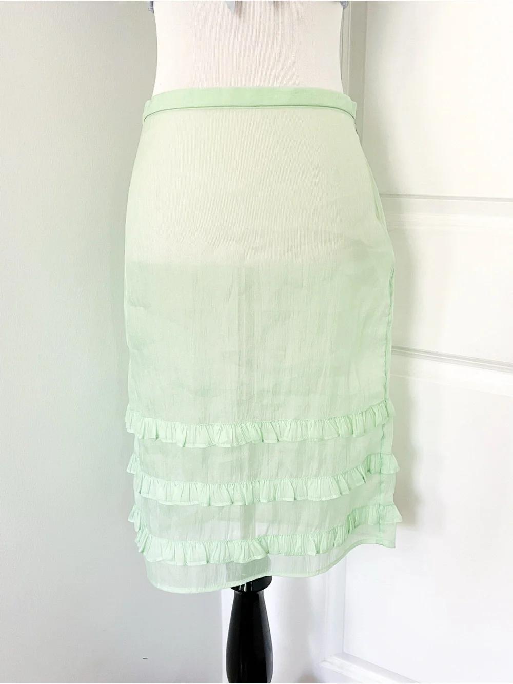 J. Crew Sheer Mint Green Ruffle Midi Skirt - Size 00